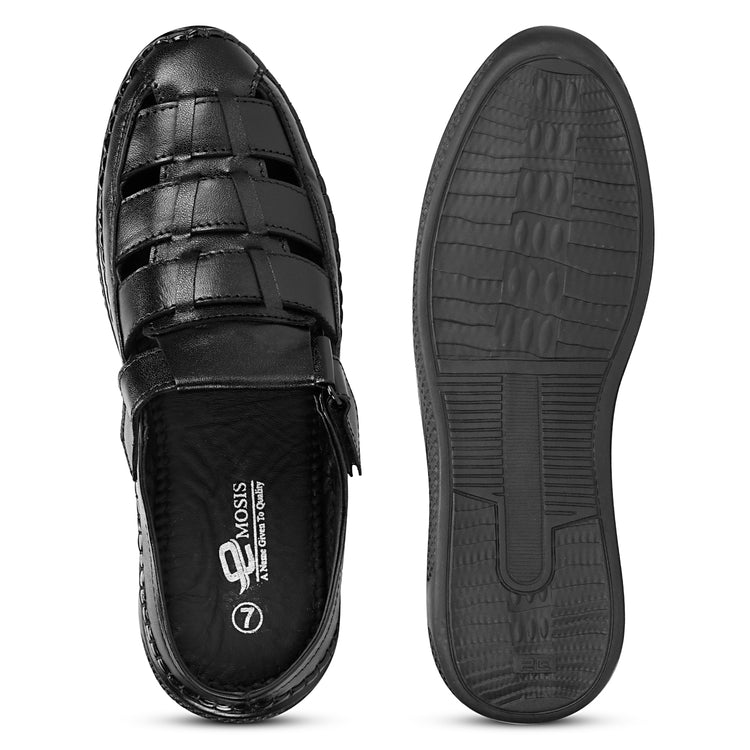 Back Open Genuine Leather Black Roman Sandals For Men