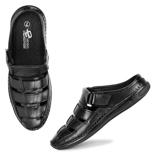 Back Open Genuine Leather Black Roman Sandals For Men