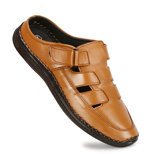 Back Open Tan Color Genuine Leather Roman Sandals For Men