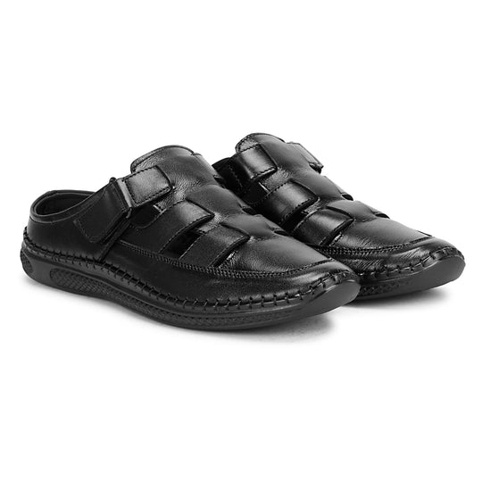 Back Open Black Genuine Leather Roman Sandals for Men