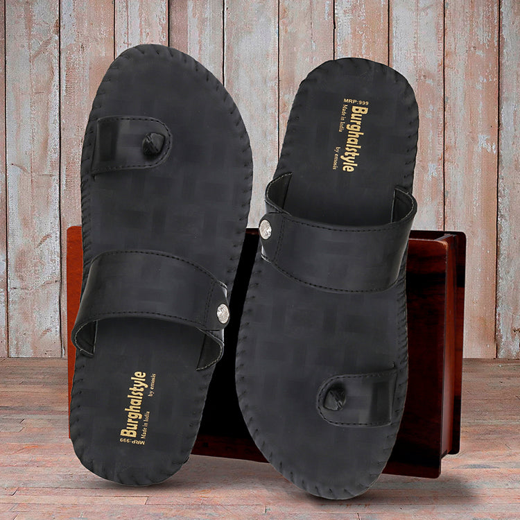 Men Faux Leather Outdoor Side Knitted Black Color Slipper cum Chappal E0022A