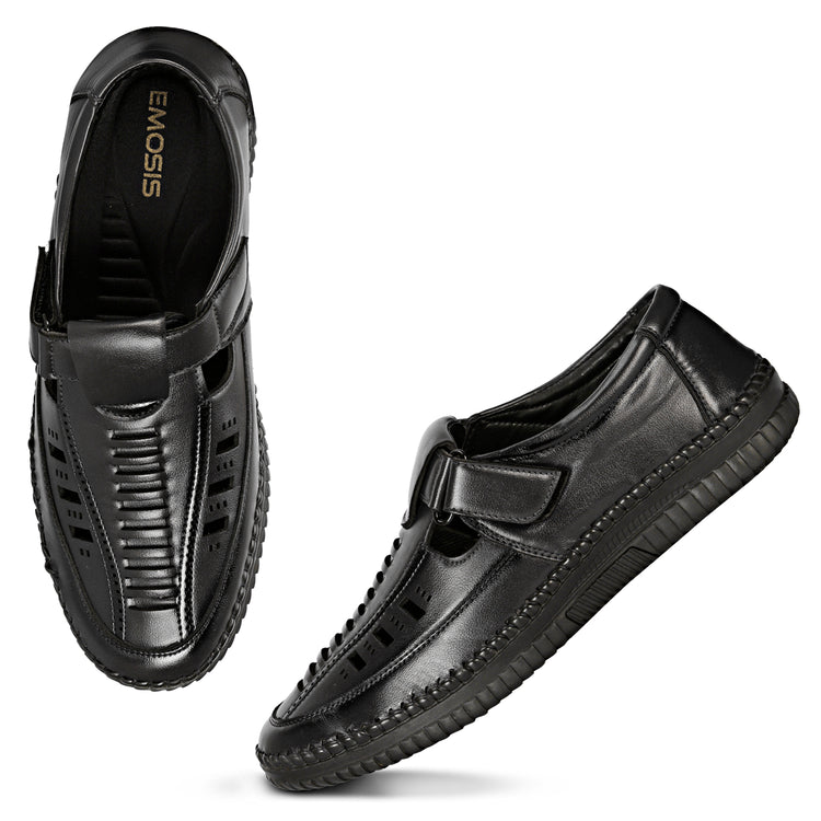 Black Vegan Leather Sandals For Men