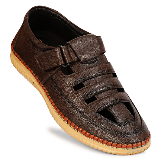 Brown Color Genuine Leather Velcro Casual Shoes for Men