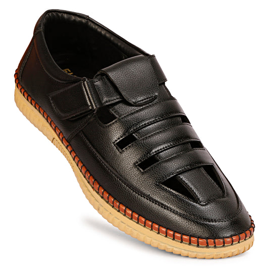 Black Color Genuine Leather Velcro Casual Shoes for Men