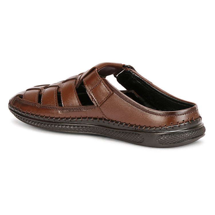Back Open Genuine Leather Brown Roman Sandals For Men