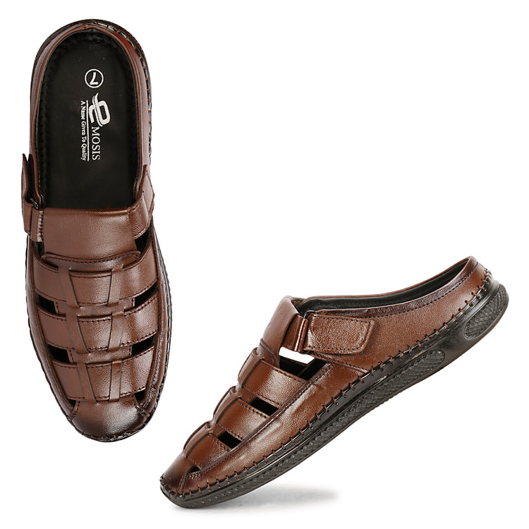 Back Open Genuine Leather Brown Roman Sandals For Men
