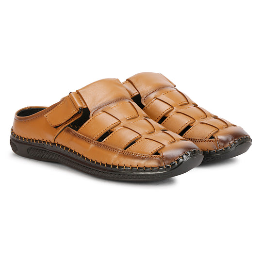 Back Open Genuine Leather Tan Roman Sandals For Men