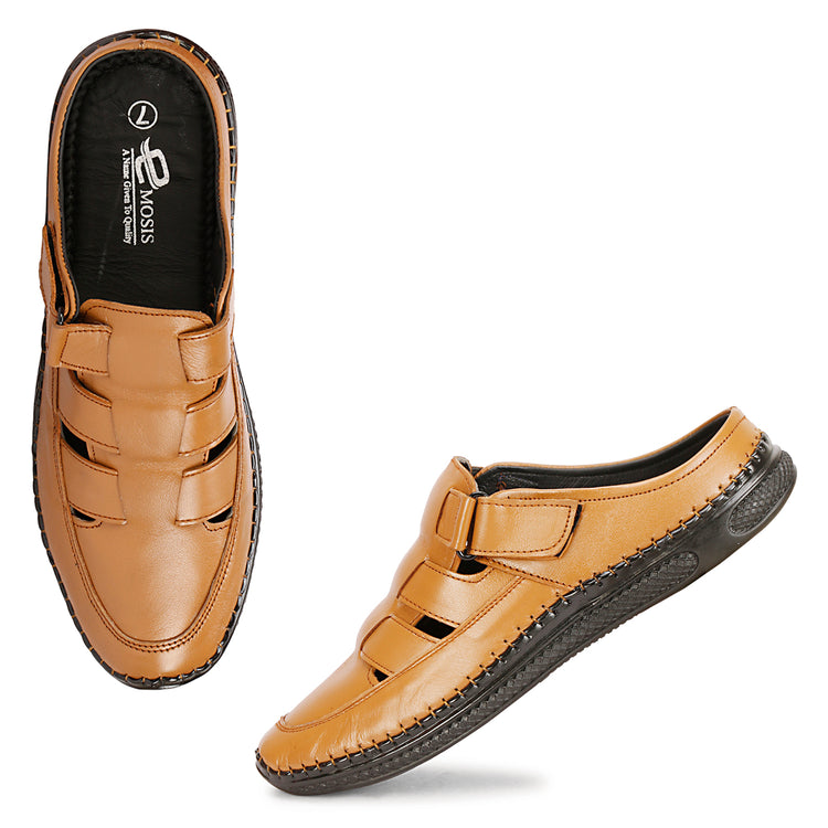 Back Open Tan Color Genuine Leather Roman Sandals For Men