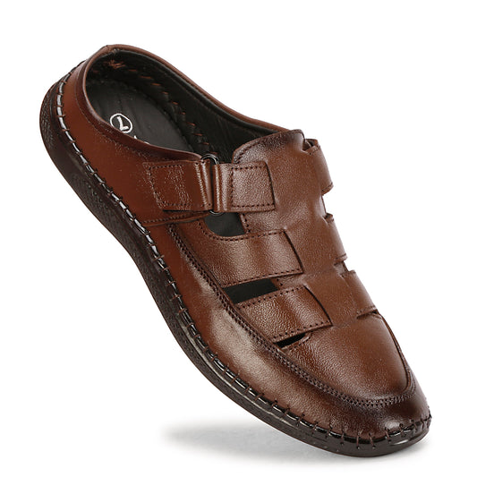 Back Open Brown Genuine Leather Roman Sandals For Men